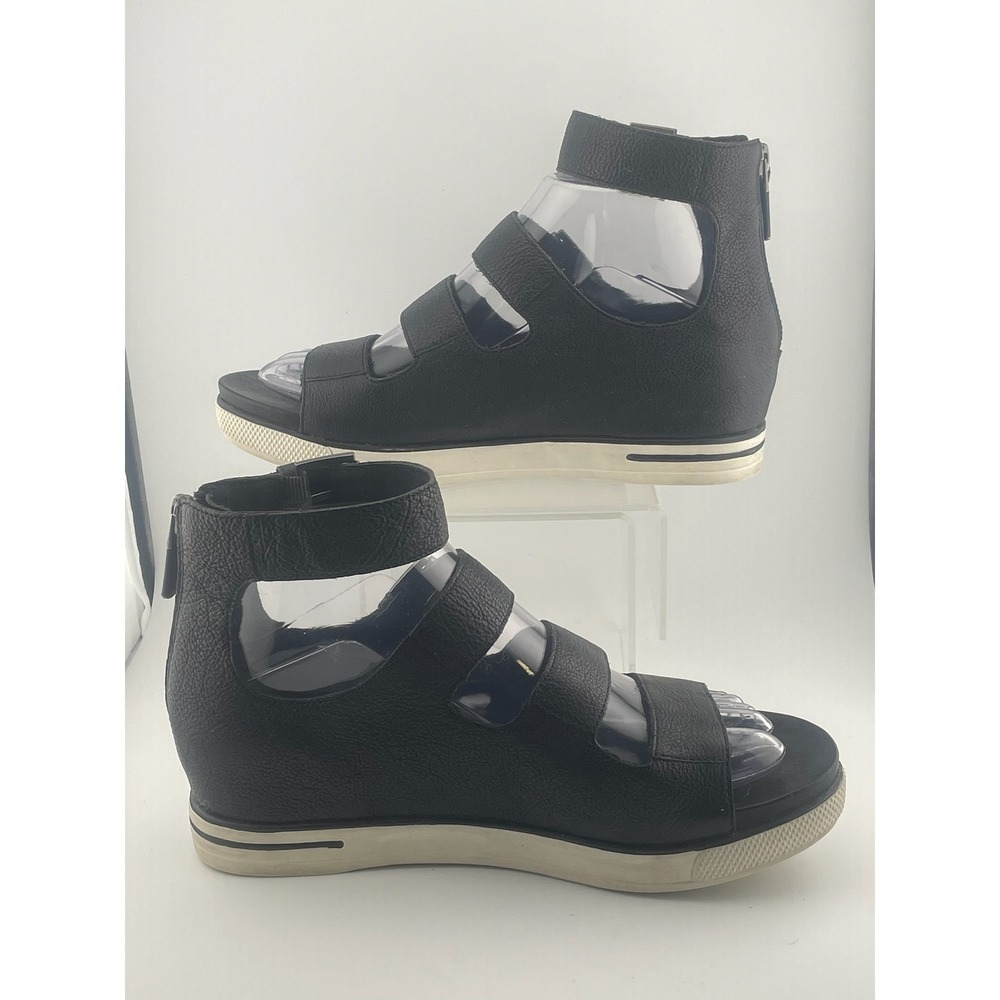 Eileen Fisher Black Leather Gladiator Buckle Zip Ankle Strap Sandals‎ Women Sz 7